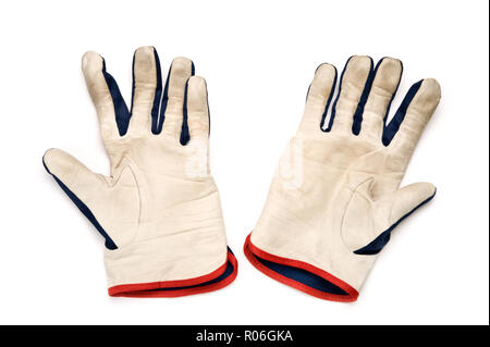 Ein paar Leder Arbeitshandschuhe auf weißem Hintergrund. Stockfoto