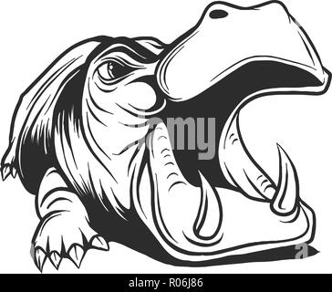 Schwarze und weiße lineare Paint zeichnen Hippo Vector Illustration Stock Vektor