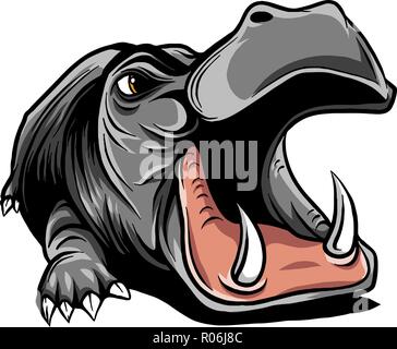 Schwarze und weiße lineare Paint zeichnen Hippo Vector Illustration Stock Vektor