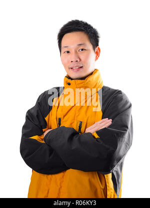 Portrait asiatischer Mann mit Mantel auf weißem Hintergrund Stockfoto