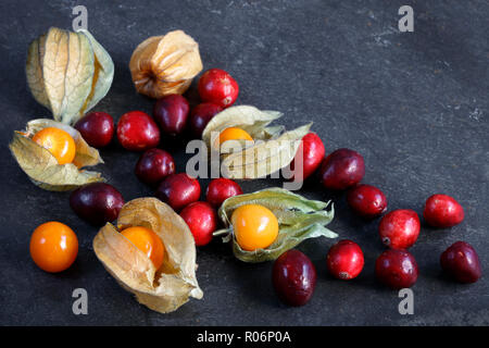 Anordnung der Kap Stachelbeeren - Physalis mit Preiselbeeren auf Schiefer mit Kopie Raum Stockfoto