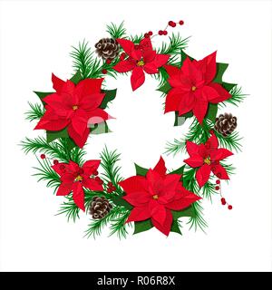 Traditionelle grüne Tanne von Weihnachten Kranz mit Weihnachtsstern Blumen, Kegel und roten Beeren isoliert. festliche Dekoration Vorlage, Hintergrund, Karte, drucken. Stock Vektor