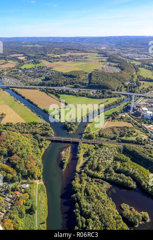 Luftaufnahme, Ruhrtalstraße Ruhrau Syburg, Brücke, Schwerter Straße, Ruhr, Hagen, Ruhrgebiet, Nordrhein-Westfalen, Deutschland, Europa, DEU, Vögel - Augen Stockfoto