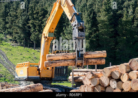 Opuha, South Canterbury, Neuseeland - 14. September 2018: eine Schaukel Lader Stapel meldet sich ein Lkw an einer Forstwirtschaft Website Stockfoto