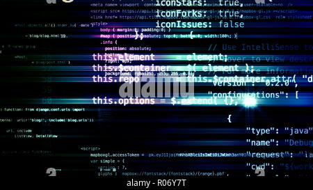 3D-Rendering abstrakte Codeblöcke, die sich im virtuellen Raum. Kamera im Computer code Stockfoto