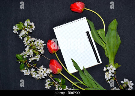 Notizblock, Stift, weißen Blüten und Tulpen auf dunklen Untergrund. Stockfoto