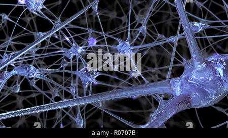 3D-Rendering eines Netzes von Neuron Zellen und Synapsen, durch die elektrischen Impulse und Einleitungen Pass bei der Übertragung von Informationen in Stockfoto
