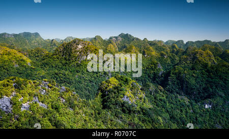 Felsen und Berge der Insel Cat Ba in Vietnam. Panoramablick auf die Landschaft. Vietnam. Stockfoto