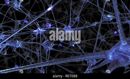 3D-Rendering eines Netzes von Neuron Zellen und Synapsen, durch die elektrischen Impulse und Einleitungen Pass bei der Übertragung von Informationen in Stockfoto