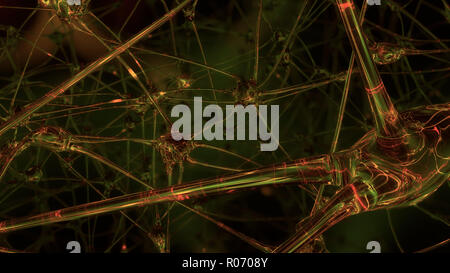 3D-Rendering der künstlichen Intelligenz. Netzwerke von künstlichen Nervenzellen und Synapsen im Gehirn eines Roboters, durch die elektrischen Impulse und Stockfoto