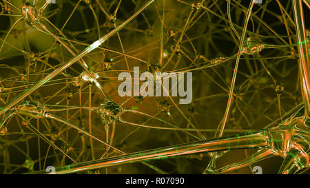 3D-Rendering der künstlichen Intelligenz. Netzwerke von künstlichen Nervenzellen und Synapsen im Gehirn eines Roboters, durch die elektrischen Impulse und Stockfoto