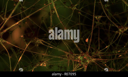 3D-Rendering der künstlichen Intelligenz. Netzwerke von künstlichen Nervenzellen und Synapsen im Gehirn eines Roboters, durch die elektrischen Impulse und Stockfoto