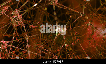 3D-Rendering der künstlichen Intelligenz. Netzwerke von künstlichen Nervenzellen und Synapsen im Gehirn eines Roboters, durch die elektrischen Impulse und Stockfoto