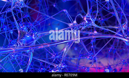 3D-Rendering der künstlichen Intelligenz. Netzwerke von künstlichen Nervenzellen und Synapsen im Gehirn eines Roboters, durch die elektrischen Impulse und Stockfoto