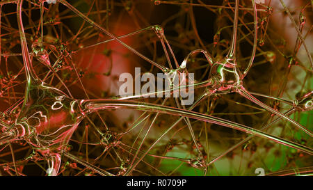 3D-Rendering der künstlichen Intelligenz. Netzwerke von künstlichen Nervenzellen und Synapsen im Gehirn eines Roboters, durch die elektrischen Impulse und Stockfoto