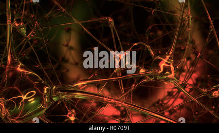 3D-Rendering der künstlichen Intelligenz. Netzwerke von künstlichen Nervenzellen und Synapsen im Gehirn eines Roboters, durch die elektrischen Impulse und Stockfoto