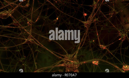 3D-Rendering der künstlichen Intelligenz. Netzwerke von künstlichen Nervenzellen und Synapsen im Gehirn eines Roboters, durch die elektrischen Impulse und Stockfoto