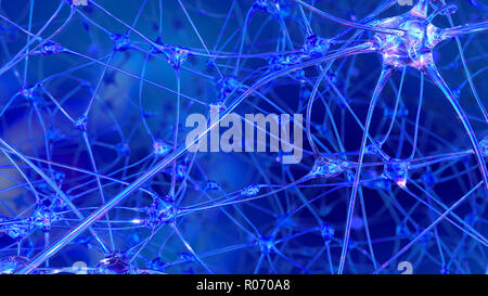 3D-Rendering der künstlichen Intelligenz. Netzwerke von künstlichen Nervenzellen und Synapsen im Gehirn eines Roboters, durch die elektrischen Impulse und Stockfoto