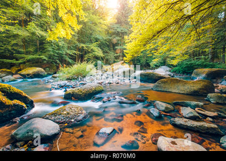 Schönen Fluss im Wald Natur. Friedlichen Farben Natur Hintergrund. Ruhe Berg- und Flusslandschaft Stockfoto