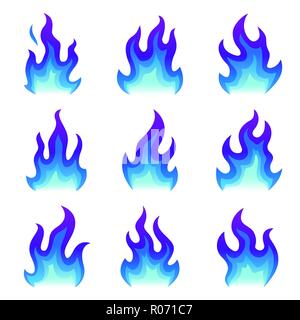 Satz von blue fire Symbole, Flachbild Feuer Flamme Vector Illustration. Sammlung von blauen Flammen oder Lagerfeuer isoliert auf weißem Stock Vektor