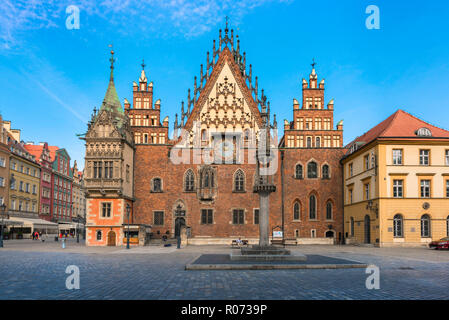 Breslau Rathaus, mit Blick auf die östliche Seite des alten Rathauses in Breslau spanning Renaissance, Gotik und der späten mittelalterlichen Baustilen, Polen Stockfoto