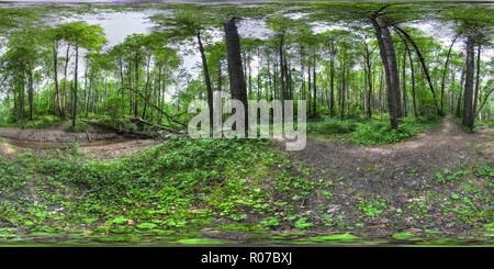 360 Grad Panorama Ansicht von Wald Weg entlang des Flusses, Bitza Park, Moskau