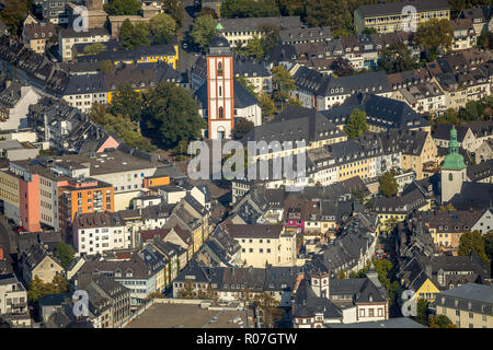 Luftaufnahme, Protestantische Nikolaikirche Siegen Krämer Alley, St. Marien in Siegen, Untere Metzgerstraße, Rathaus Siegen, Markt, Kreis Siegen-Wittgenstein, Stockfoto