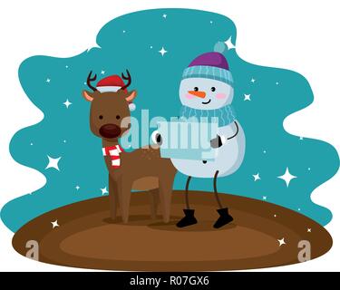 Süße Rentier mit Schneemann Weihnachten zeichen Vector Illustration Stock Vektor