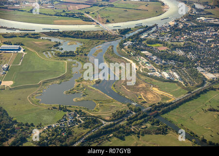 Luftaufnahme, Lippedelta, neuer Öffnung des Mundes, der Ebbe, Sandbänke, Fluss, Mündung in den Rhein, Oberemmelsum, Wesel, Ruhrgebiet, Niederrhein, nördlich R Stockfoto