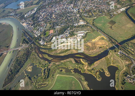 Luftaufnahme, Lippedelta, neuer Öffnung des Mundes, der Ebbe, Sandbänke, Fluss, Mündung in den Rhein, Lippedorf, Wesel, Ruhrgebiet, Niederrhein, nördlich Rhin Stockfoto