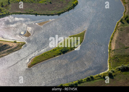 Luftaufnahme, Lippedelta, neuer Öffnung des Mundes, der Ebbe, Sandbänke, Fluss, Mündung in den Rhein, Lippedorf, Wesel, Ruhrgebiet, Niederrhein, nördlich Rhin Stockfoto