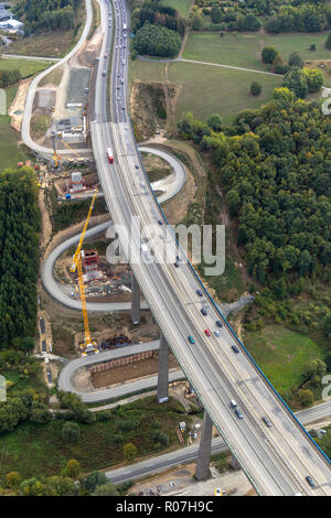 Luftaufnahme, Autobahnbrücke A45, Brücke, Straßenbrücke, Reparatur, Sauerland, Heckebach in der Nähe von Wilnsdorf, Siegerland, Wilnsdorf, Siegen-Wittgenstein, N Stockfoto