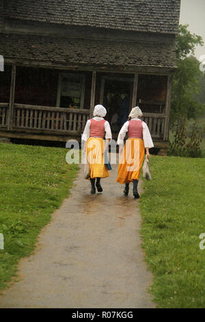 Junge Mädchen, die im Frontier Culture Museum in Staunton, VA, USA, durch Regen wandern. Kleidung im Stil des 19. Jahrhunderts. Stockfoto