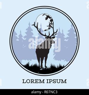 Rotwild silhoueete mit Mond Vektor flachbild Abbildung Stock Vektor