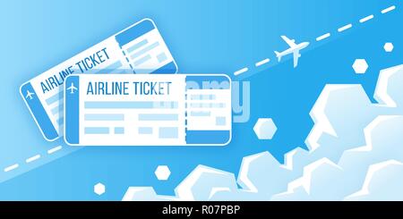 Airline Boarding Pass Tickets. Konzept für Reise, Reise oder Business. Flugzeug fliegt in den Himmel. Vector Illustration Stock Vektor