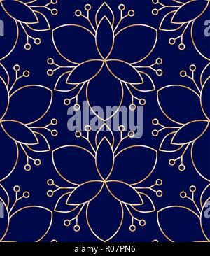 Nahtlose lineare goldene Blume Muster auf blauem Hintergrund Stock Vektor