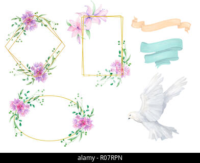 Hochzeit Einladung, floral einladen, Karte, Blumen- und doveVertical geometrische goldene Rahmen drucken und Farbband Weiß Hintergrund Stockfoto