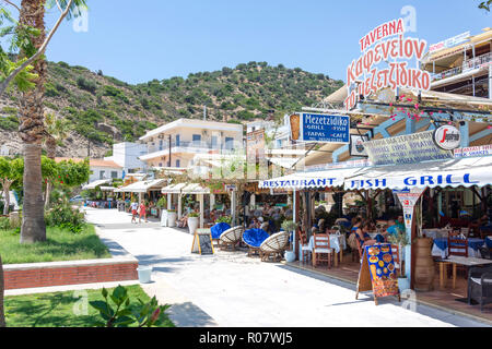 Tavernen am Hafen Promenade, Agia Galini, Rethimnon, Kreta (Kriti), Griechenland Stockfoto