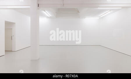 Eine Ansicht einer weiß lackierten Innenraum von einem leeren Raum oder eine Kunstgalerie mit Leuchtstoffröhren und Betonböden Stockfoto