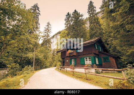 Alpine House und in das Holz weg. Ruhige Natur Landschaft, grüne Pinien, vintage Farbe Wirkung Stockfoto