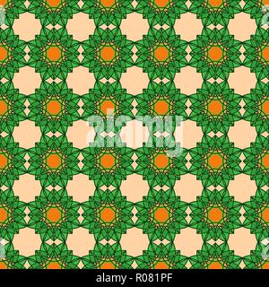 Kontrast abstrakte Muster besteht aus sich wiederholenden dekorativen Formen in grün und orange Farben auf dem beigen Hintergrund, nahtlose Vektor als Stoff Textur Stock Vektor