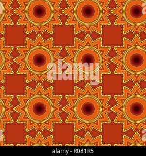 Kontrast abstract nahtlose Muster besteht aus sich wiederholenden dekoratives Mandala in rot, gelb und orange Farbtöne auf der Mute Hintergrund, Vektor als Fabric Stock Vektor