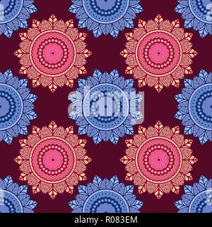 Dekorative Muster besteht aus sich wiederholenden dekorativen Formen mit verwoben Linien in Blau, Rosa und Beige Farbtöne auf der magentafarbenen Hintergrund, nahtlose vec Stock Vektor