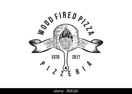 Pizza Holzplatte, Vintage Abzeichen Logo Designs Inspiration, Vektor, Abbildung Stock Vektor