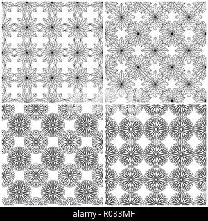 Satz von vier schwarzen abstrakte Nahtlose floral Grids auf dem weißen Hintergrund, Vektor hand Zeichnung Stock Vektor