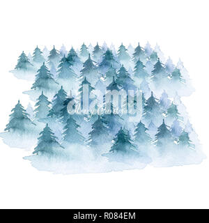 Hintergrund gemalt mit Aquarell. Hand gezeichnete Landschaft von foggy Blue Forest für Weihnachten und Winter design Stockfoto