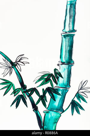 Hand Malerei in Sumi-e Stil an den cremefarbenen Papier - Bambus trunk von grünen Aquarelle gezeichnet Stockfoto
