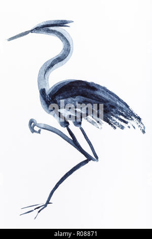 Hand Malerei in Sumi-e Stil auf weißem Papier - heron Vogels durch schwarze Aquarelle gezeichnet Stockfoto