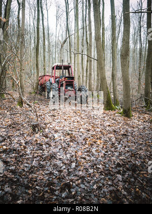 Traktor, im Wald aufgegeben, die Umweltverschmutzung. Stockfoto
