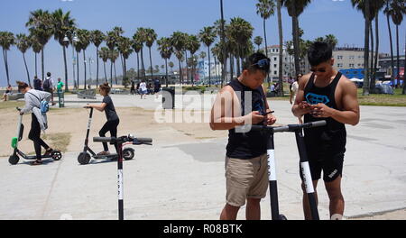 Zwei junge, muskulöse Asiatische Männer nutzen das Handy app zu entsperren und dockless elektrische Vogel Motorroller auf der Venice Beach Radweg mieten Stockfoto